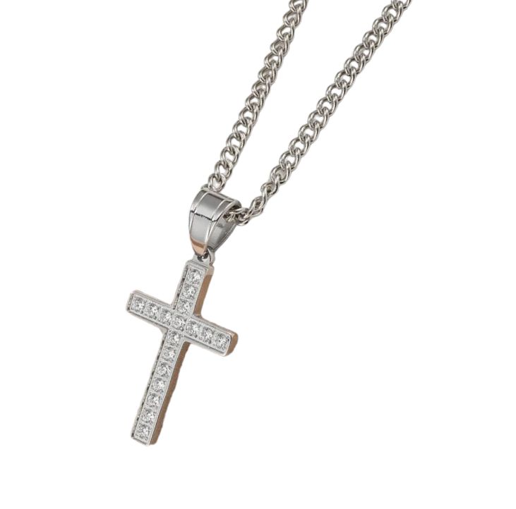 Dari Silver Zircon Cross Pendant and Curb Link Chain
