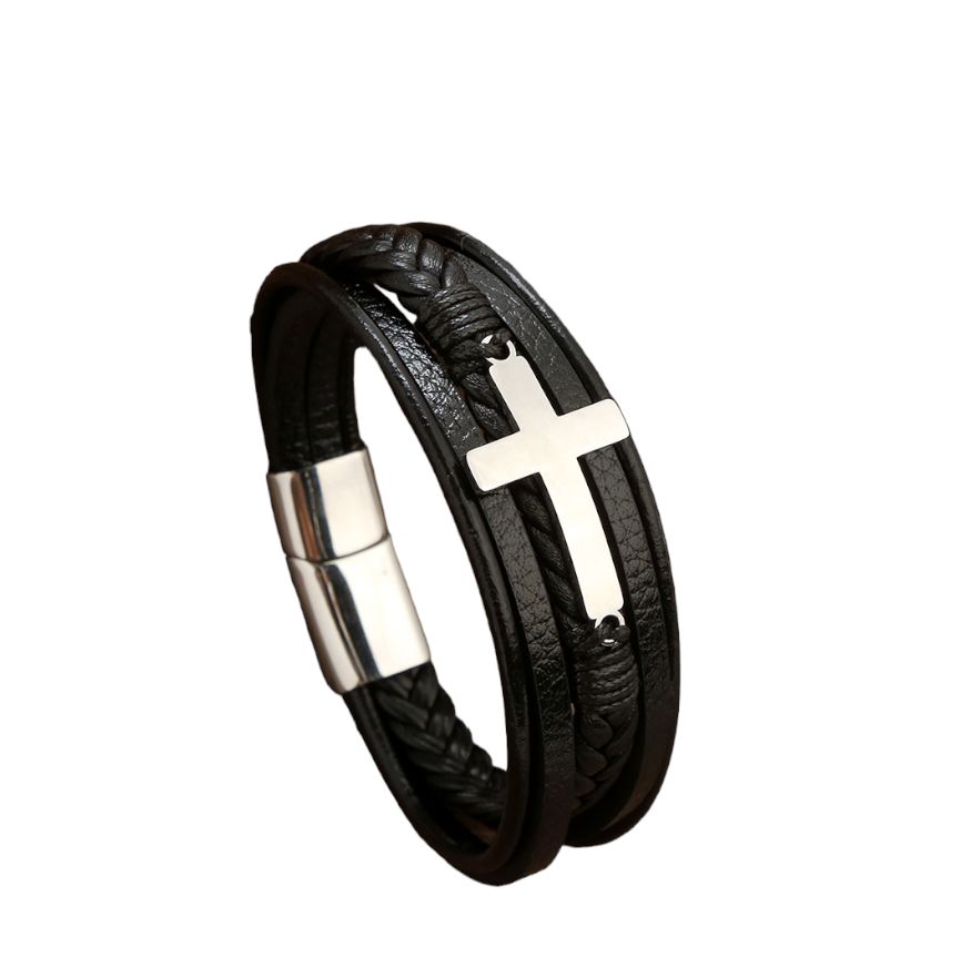 Rudy Black and Silver Leather Cross Bracelet