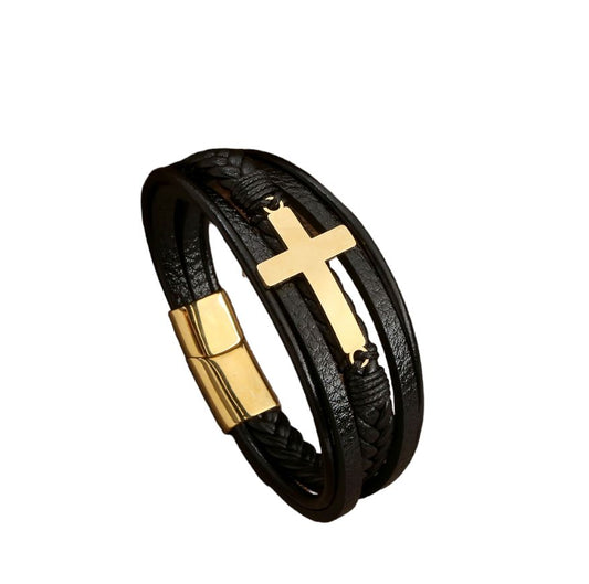 Rudy Black and Gold Leather Cross Bracelet